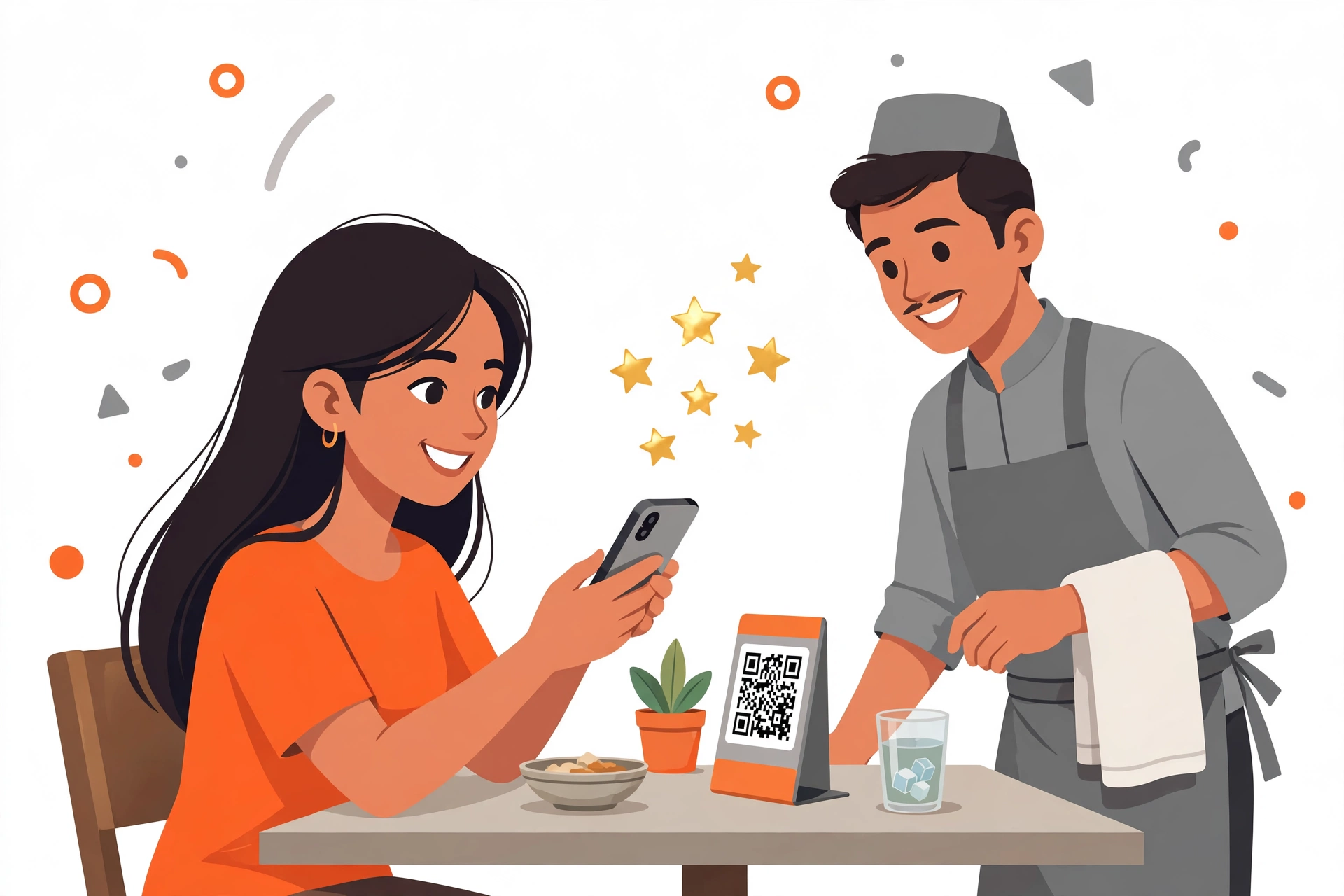 Customer scanning a QR code on a restaurant table while a waiter smiles